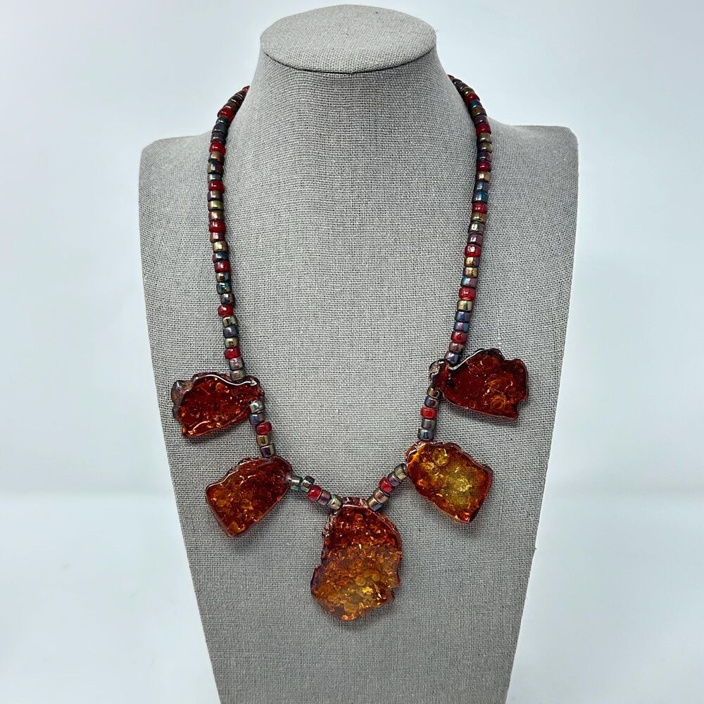 Vintage Baltic Amber Statement Necklace 21” Cognac Slab Beads Copper Toggle Clas